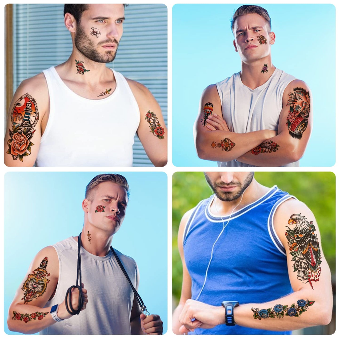 Yazhiji 77sheets Waterproof Temporary Tattoos，Old School Tattoo，Sailor Jerry Style Vintage Classical Fake Tattoo, American Traditional Flower Rose Arm Stickers for Women Men Adults Kids