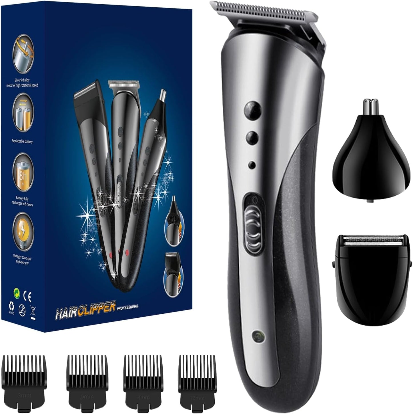 Trimmer for Men, Men's Beard Trimmer, Hair Clippers, Nose Hair Clippers, 3 in 1 Men's Grooming Kit for Smooth, No-Nick Shaving, Lightweight with USB Rechargeable, Men Gift