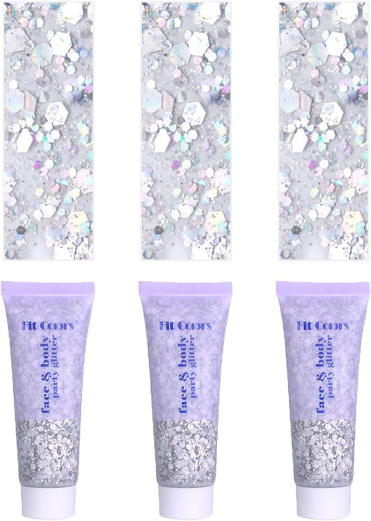 Face Body Glitter, Hair Glitter Sparkles Chunky Face Glitter Gel for Girls Makeup Singer Concerts Mermaid Festival Sequins Face Paint (3pc Silver)