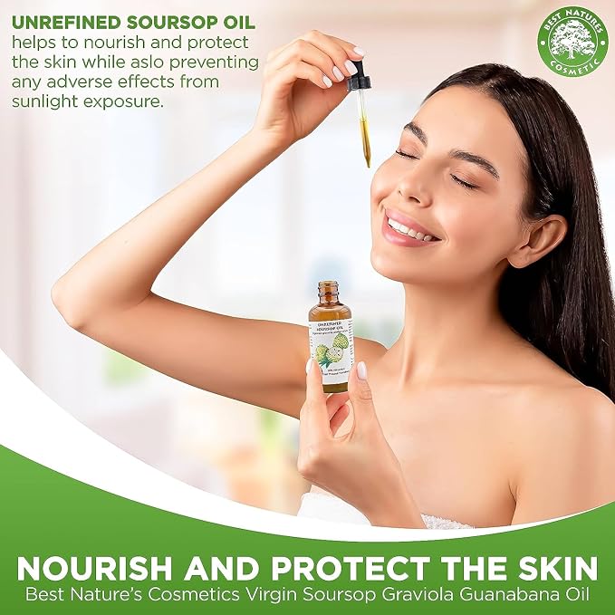 Best Nature's Cosmetics Virgin Soursop Graviola Guanabana Oil (Organic, Undiluted, Cold Pressed, Unrefined) 1 oz / 30 ml – Natural Moisturizer for Dry and Damaged Skin.