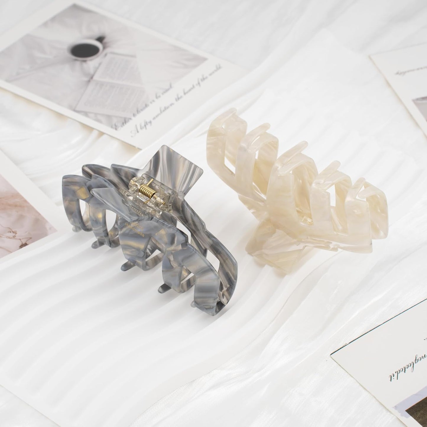 2 Pack French Handmade Marble Acetate Claw Clips, Cream & Gray Large Hair Claw Clips for Thick Hair, Luxury Hair Accessories