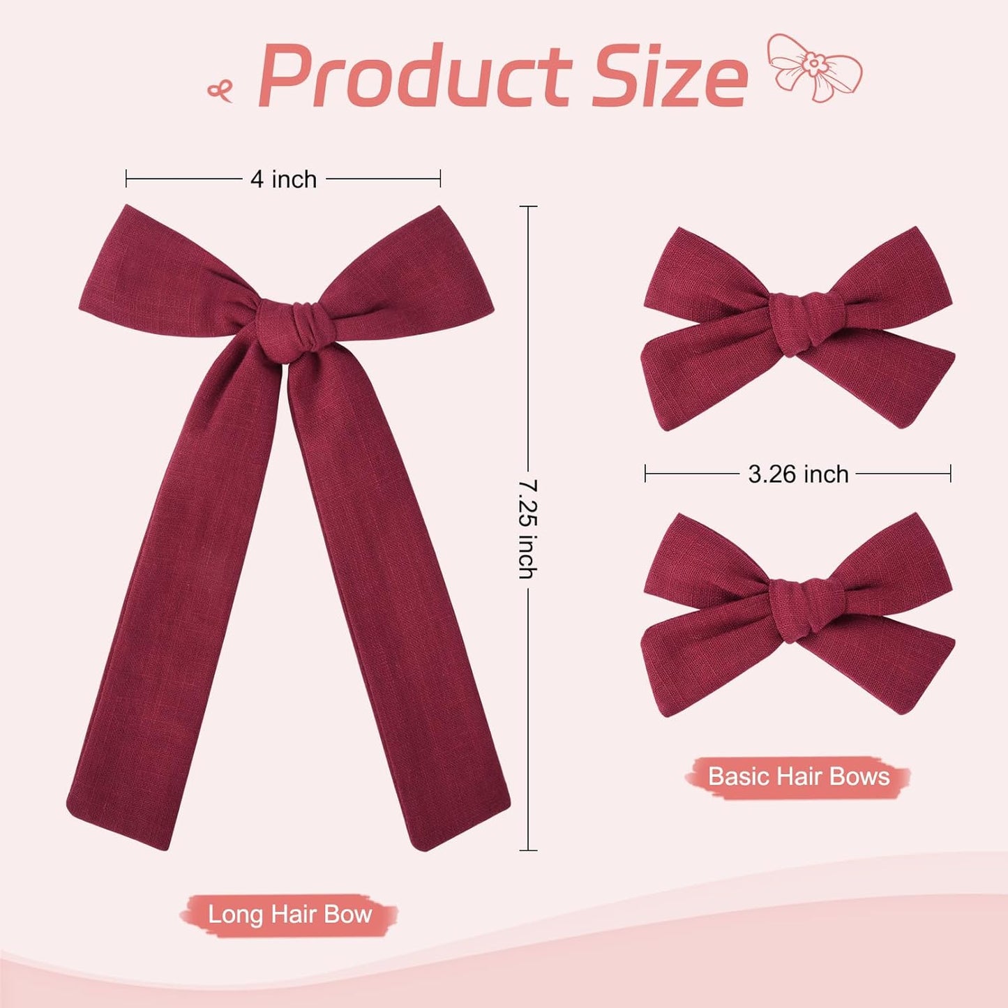 DEEKA Burgundy Cotton Linen Hair Bows 2 Sizes 5"&3.5" Soft Hair Bow set for Toddler Girls Long Ponytail Knot Bows Alligator Clip Hair Accessories for Little School Girls (Burgundy)
