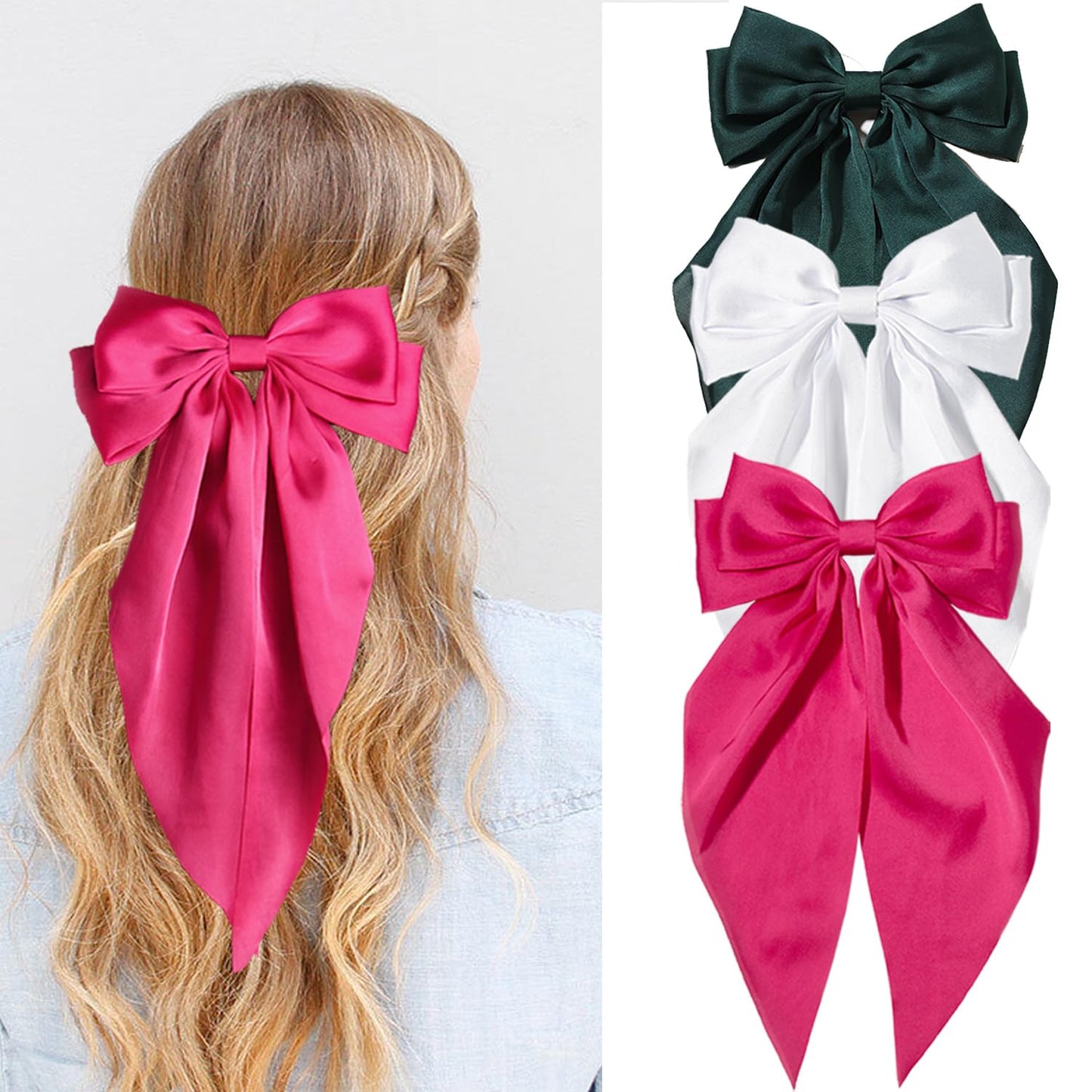 Furling Pompoms Hair Bows for Women Girls, 3pcs Big Bow Hair Clips Ribbon Hair Bow Ponytail Accessories, Holiday Party Back to School (Green/White/Hot pink)