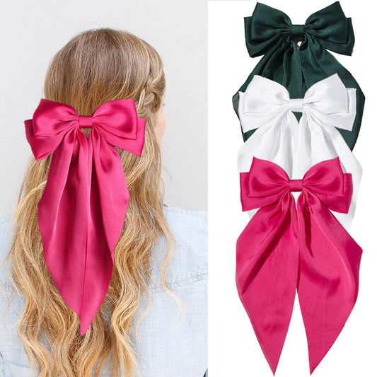 Furling Pompoms Hair Bows for Women Girls, 3pcs Big Bow Hair Clips Ribbon Hair Bow Ponytail Accessories, Holiday Party Back to School (Green/White/Hot pink)