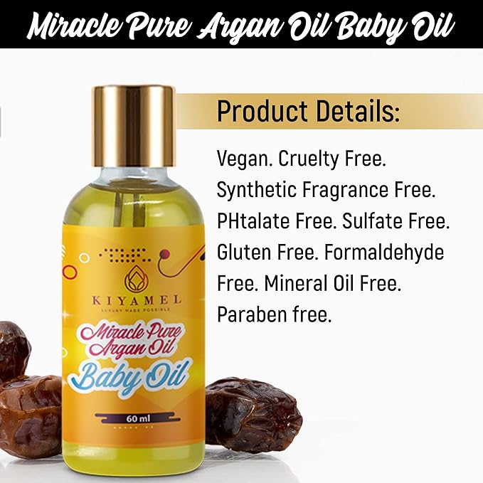 100% Pure Argan Oil for Babies, Baby Oil for Natural Softer Skin, hair, face and nails | Hydrating Vitamin E 6 Fatty Acids for Eczema, Skin Aging, Stretch Marks, Wrinkles, and Under Eye Bags.