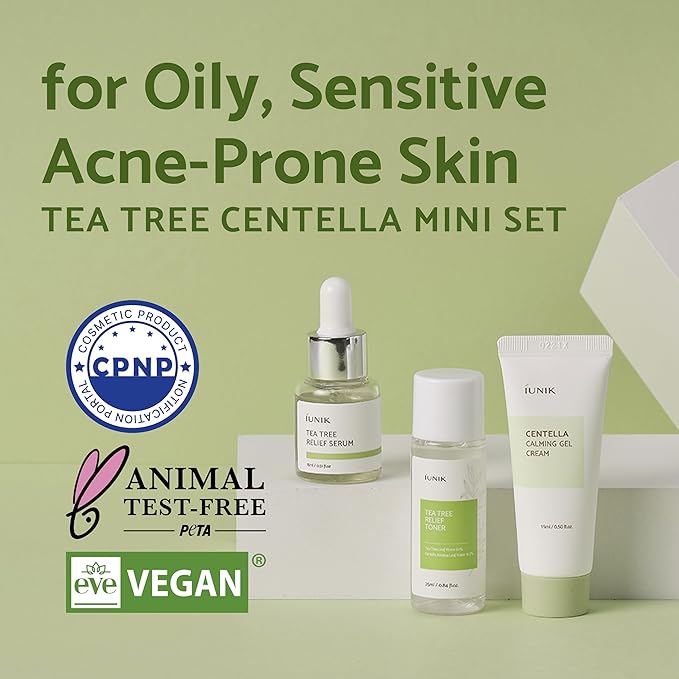IUNIK Centella Mini Set, Travel Friendly Skincare Set, Ultra calming and hydrating for sensitive skin: Tea Tree Relief Toner, Serum, Centella Calming Gel with Oil Cleanser