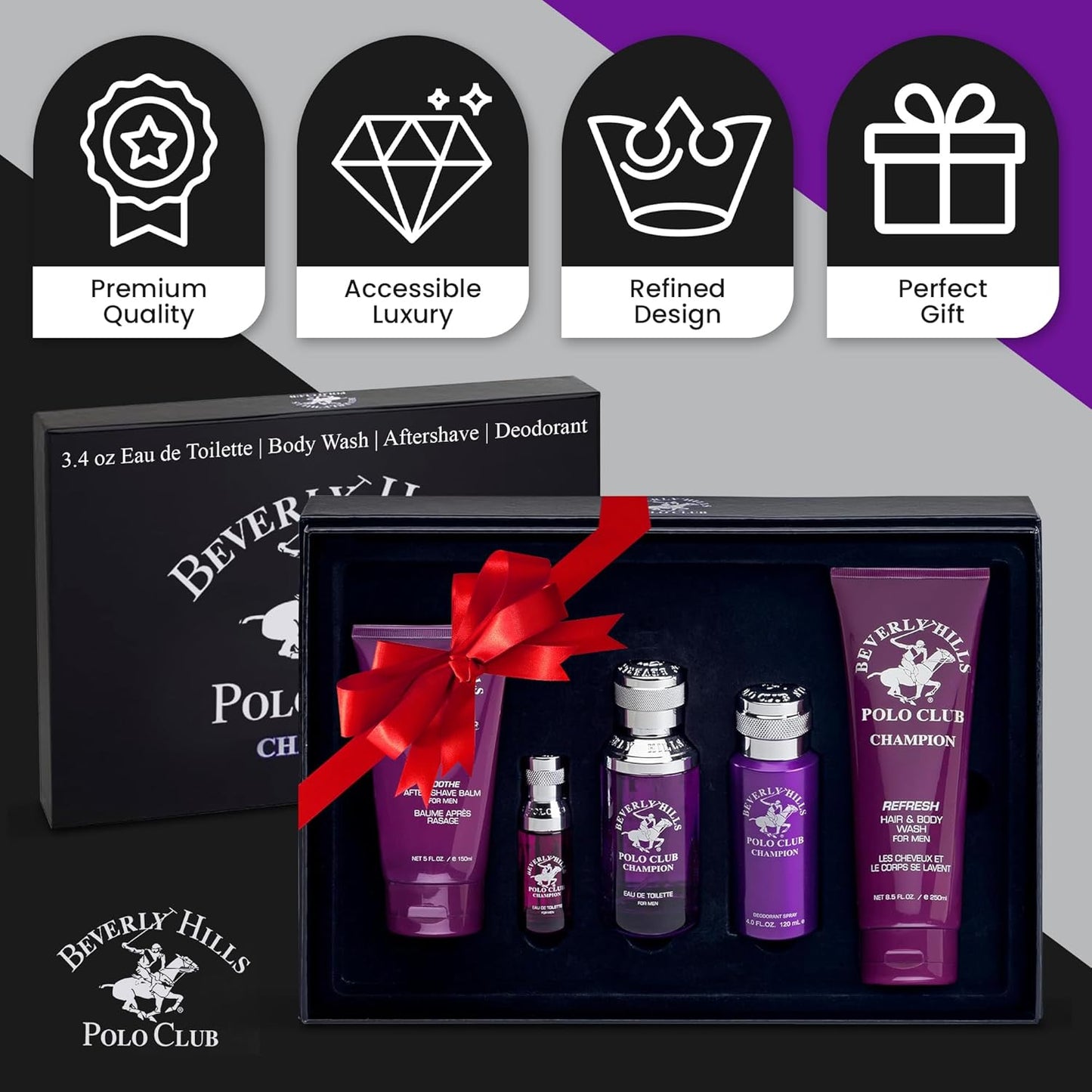 Beverly Hills Polo Club Champion Men's Cologne Gift Set | Fresh, Fruity & Vanilla Scent | 3.4oz EDT, Body Wash, Aftershave & Deodorant | BHPC Luxury Fragrance Collection