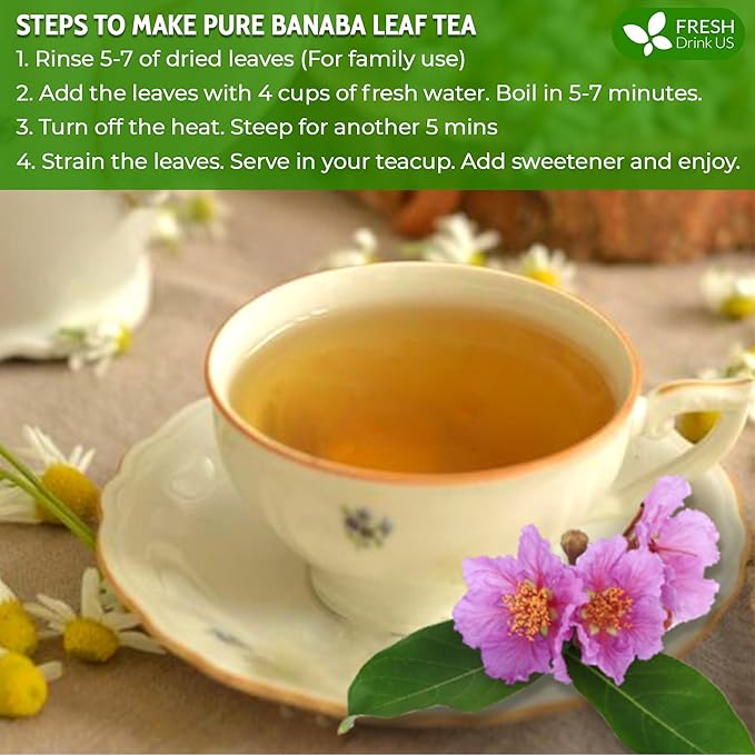 FreshDrinkUS, Premium 50+ Banaba Dried Leaves, 100% Natural & Pure from Whole Banaba Leaves, Banaba Leaf Tea, No Additives, No Caffeine, Vegan
