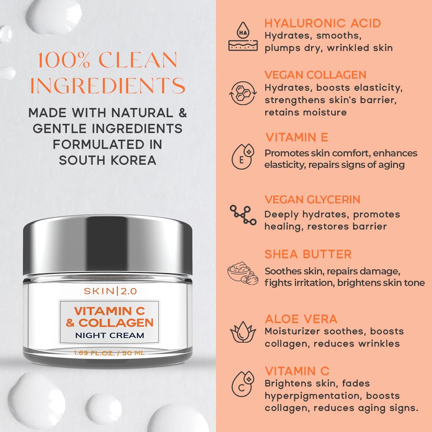 Vitamin C & Collagen Face Moisturizer – Hydrating Anti Aging Night Cream For Uneven & Dry Skin, Firms & Smooths Fine Lines – Dermatologist Tested, Korean Skin Care, Clean Beauty – 1.69 Fl Oz