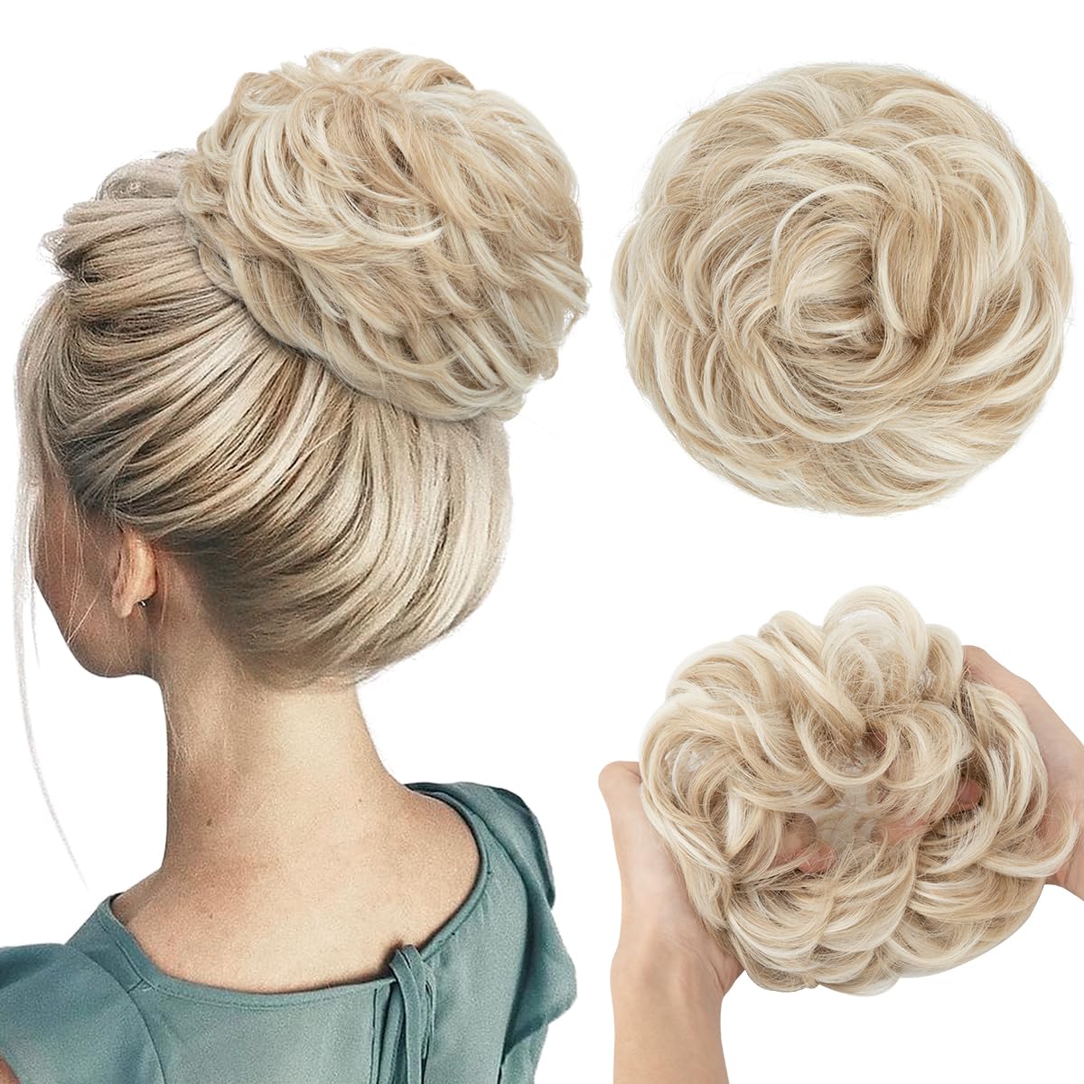 CJL HAIR Large Messy Bun Hair Piece Wavy Curly Scrunchies Synthetic Chignon Ponytail Hair Extensions Thick Updo Hairpieces for Women Cream Blonde