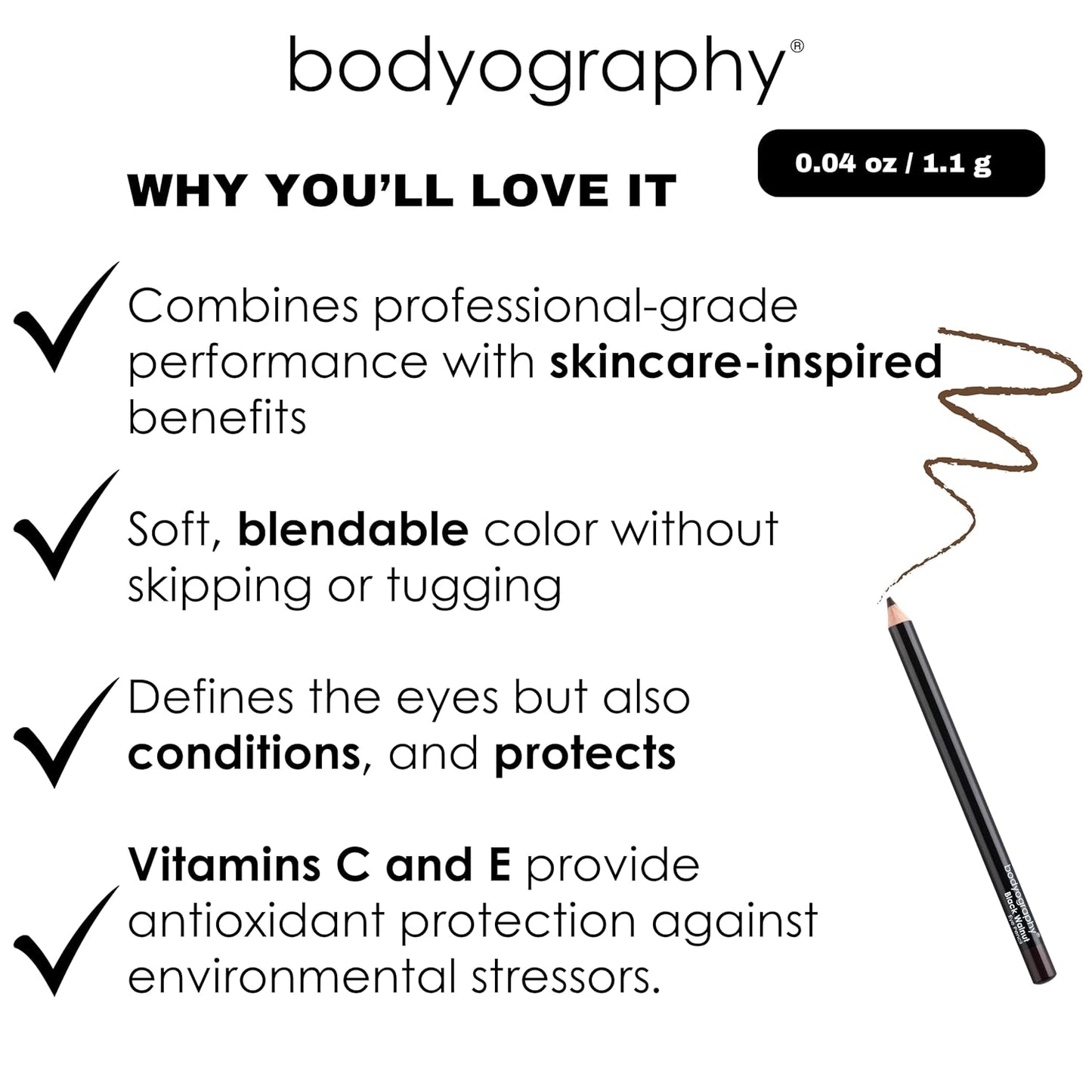 Bodyography Cream Eye Pencil, Black Walnut - Dark Brown Wooden Eyeliner for Eyes & Eyebrows, Long-Lasting Cruelty-Free Coconut Oil Cosmetic Liner