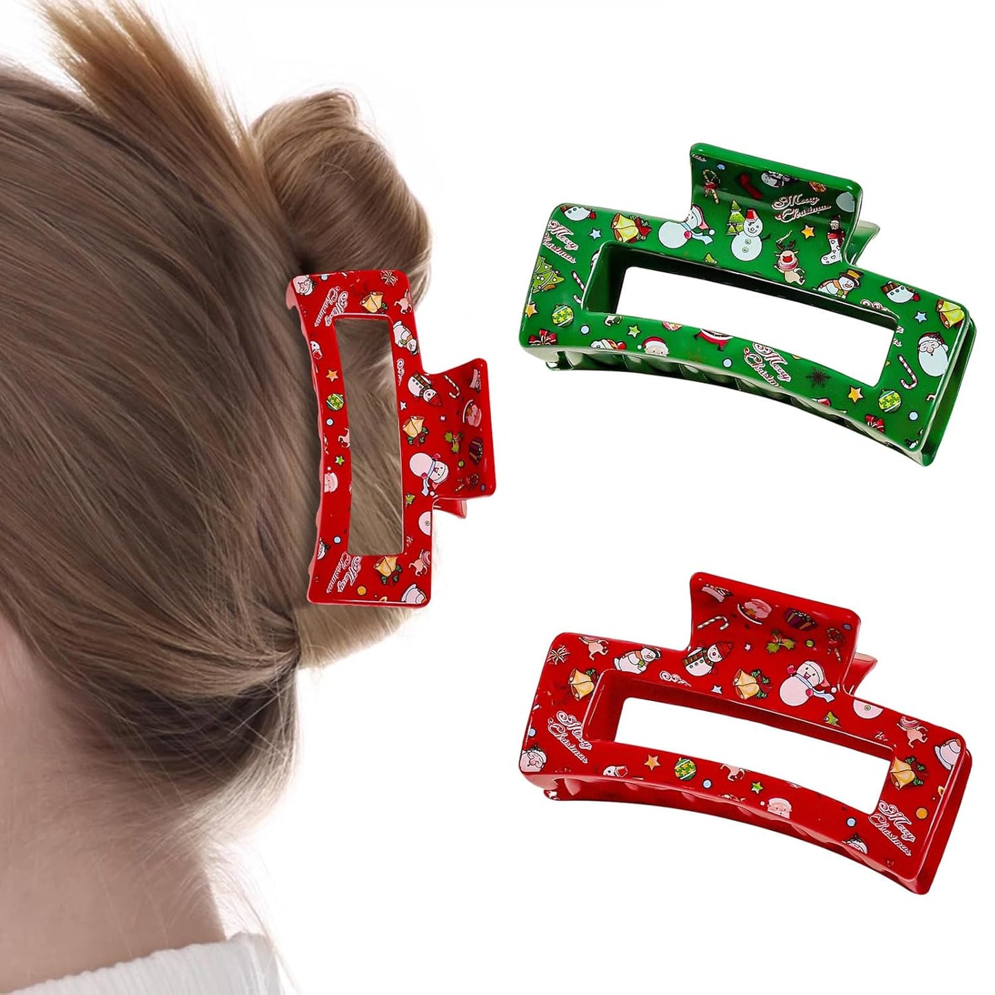 2 Pcs Christmas Hair Clips for Women, Red Green Hair Claw Clips, Large Square Hair Claw, Christmas Hair Accessories, Cute Snowman Claw Clips for Thick and Thin Hair Decoration