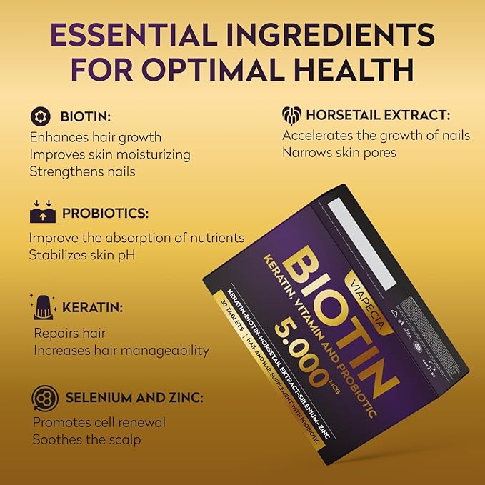 Biotin 5000Mcg - High Potency Biotin Supplement for Hair Growth - Hair Skin Nails Vitamins for Women - Supports Keratin Production and Tissue Regeneration - Vitamins and Supplements - 30 Capsules