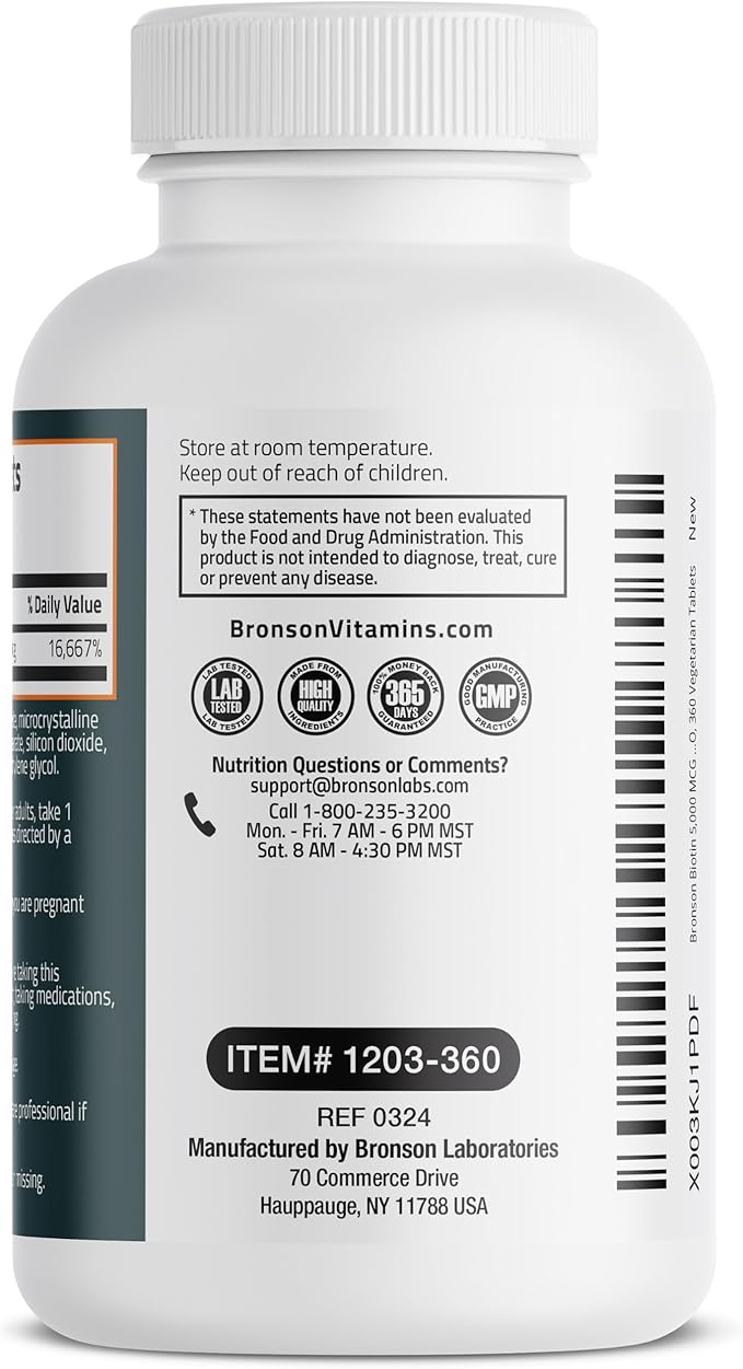 Bronson Biotin 5,000 MCG Supports Healthy Hair, Skin & Nails & Energy Production - High Potency Beauty Support - Non-GMO, 360 Vegetarian Tablets