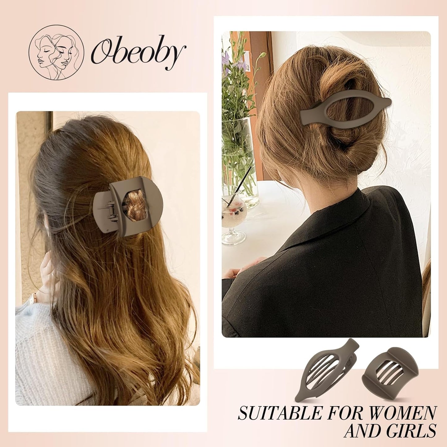 Obeoby 8 PCS Flat Claw Clips for Women, 2 Types French Flat Hair Clips Hair Accessories Barrettes Large Medium (Neutral Color)