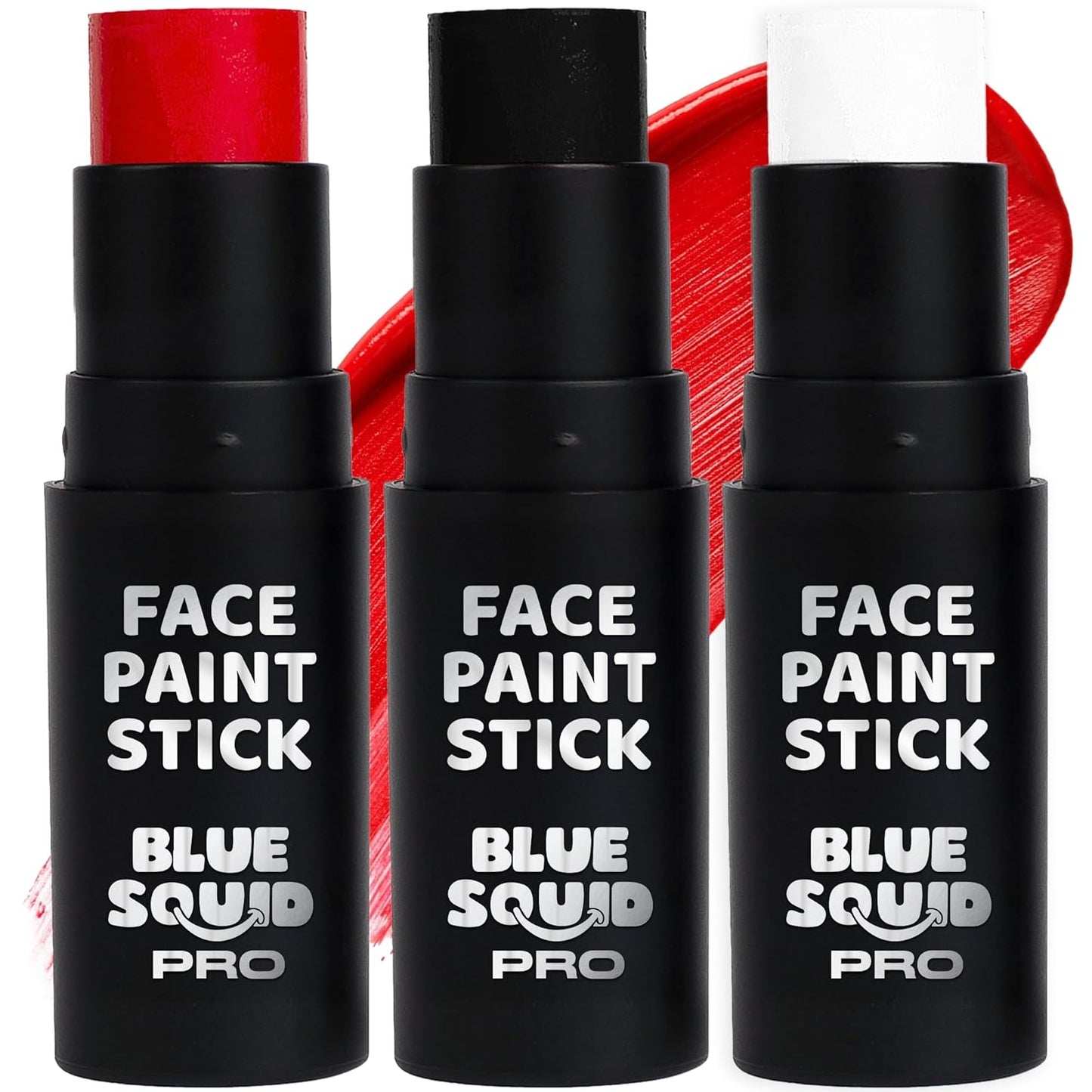 Blue Squid PRO Red, White and Black Face Paint Stick - Waterproof Body Paint Adults & Kids Eye Black Baseball, Eyeblack Softball -Hypoallergenic Twist-Up Non-Toxic Makeup Stick - Cosplay, Sports & SFX