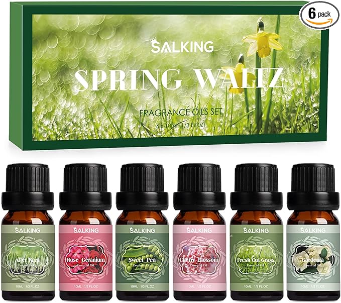 SALKING Spring Fragrance Oils Set, Premium Essential Oils Gift Set for Diffuser, Scented Oil for Soap & Candle Making - After Rain, Fresh Cut Grass, Sweet Pea, Rose Geranium, Cherry Blossom, Gardenia