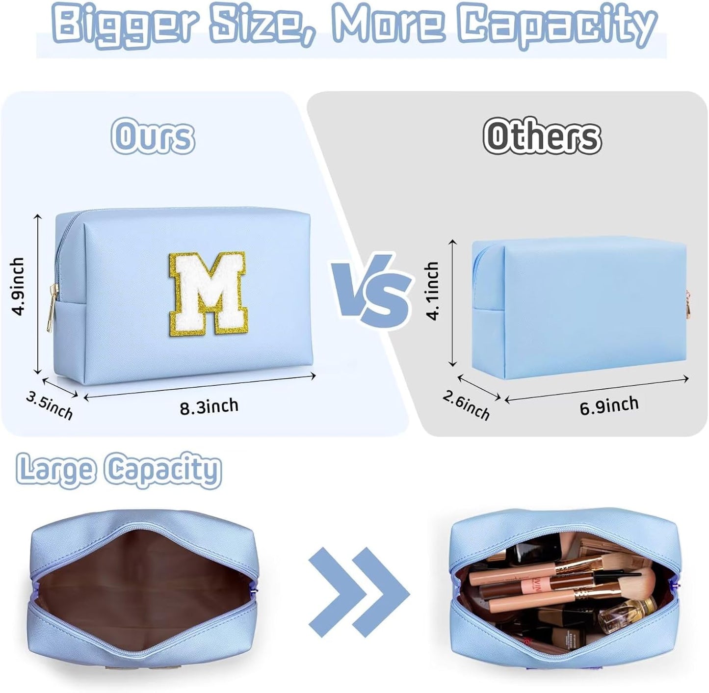 TOPEAST Preppy Makeup Bag, Small Cosmetic Travel Bags for Women, PU Leather Waterproof Toiletry Bag with Zipper, Personalized Birthday Gift for Women Girl, Preppy Gifts for Girl (Sky Blue F)