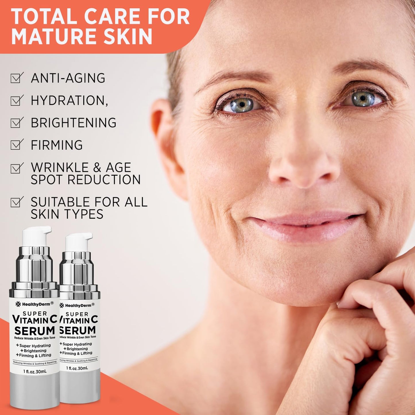 Super Vitamin C Serum for Women Over 70: Niacinamide, Vitamin C, Hyaluronic Acid, Peptides, Vitamin E, Caffeine, Bakuchiol, Hydrating, Lifting, Wrinkle & Age Spots Reduction Pack of 2