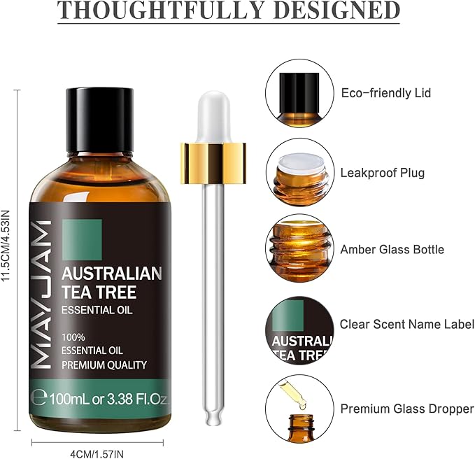 Australian Tea Tree Essential Oil, MAYJAM Pure Essential Oils for Diffusers, 3.38FL.OZ/100ML Large Volume Australian Tea Tree Oil with Premium Glass Dropper