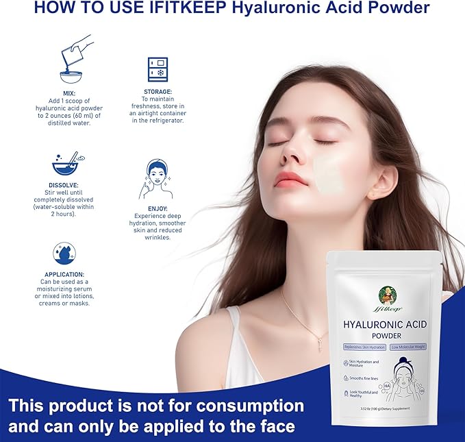 Hyaluronic Acid Powder,Low Molecular Weight,Not Edible Hyaluronic Acid Powder for Skin Care,Vegan Cosmetic Grade,Water-Soluble HA for DIY Face Serum & Anti-Aging Skincare (1)