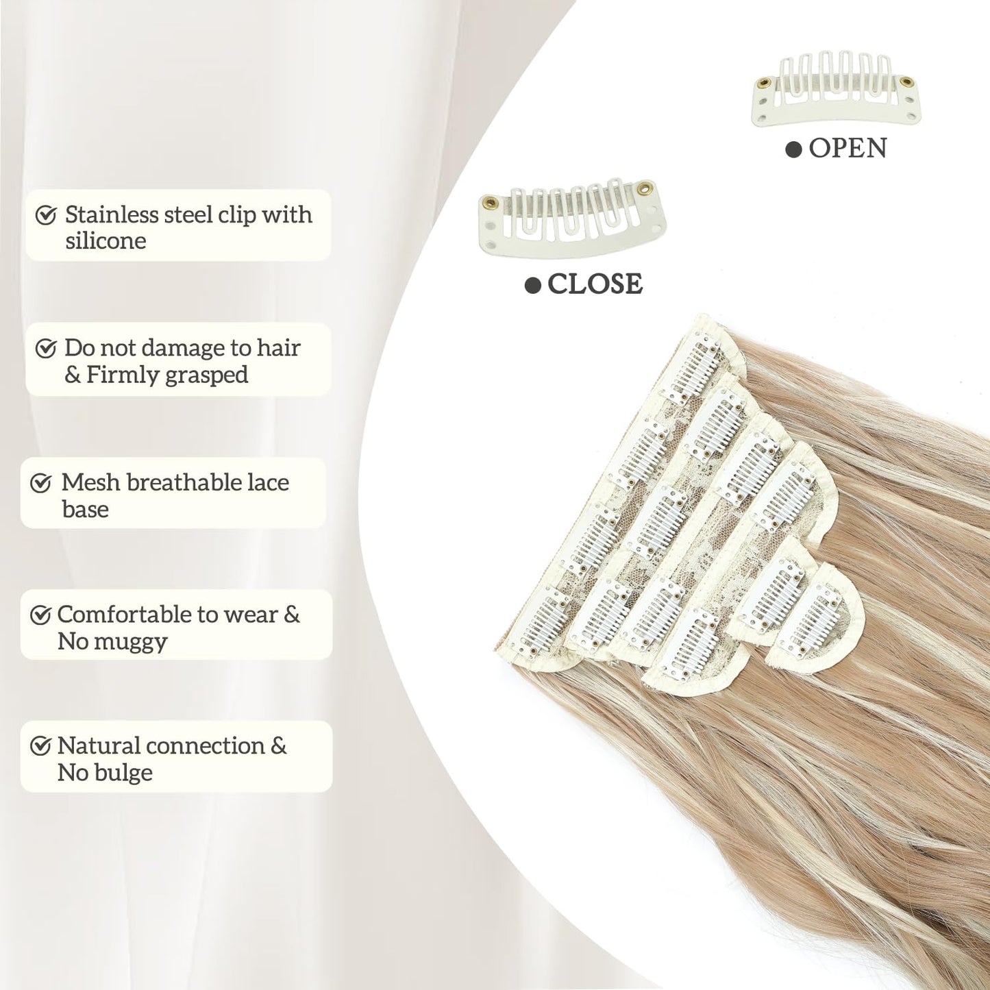 Clip in Hair Extensions, 6 PCS Natural & Soft Hair & Blends Well Hair Extensions, Synthetic Long Wavy Hairpieces(24inch, 6pcs,Honey Blonde with Platinum Highlights)