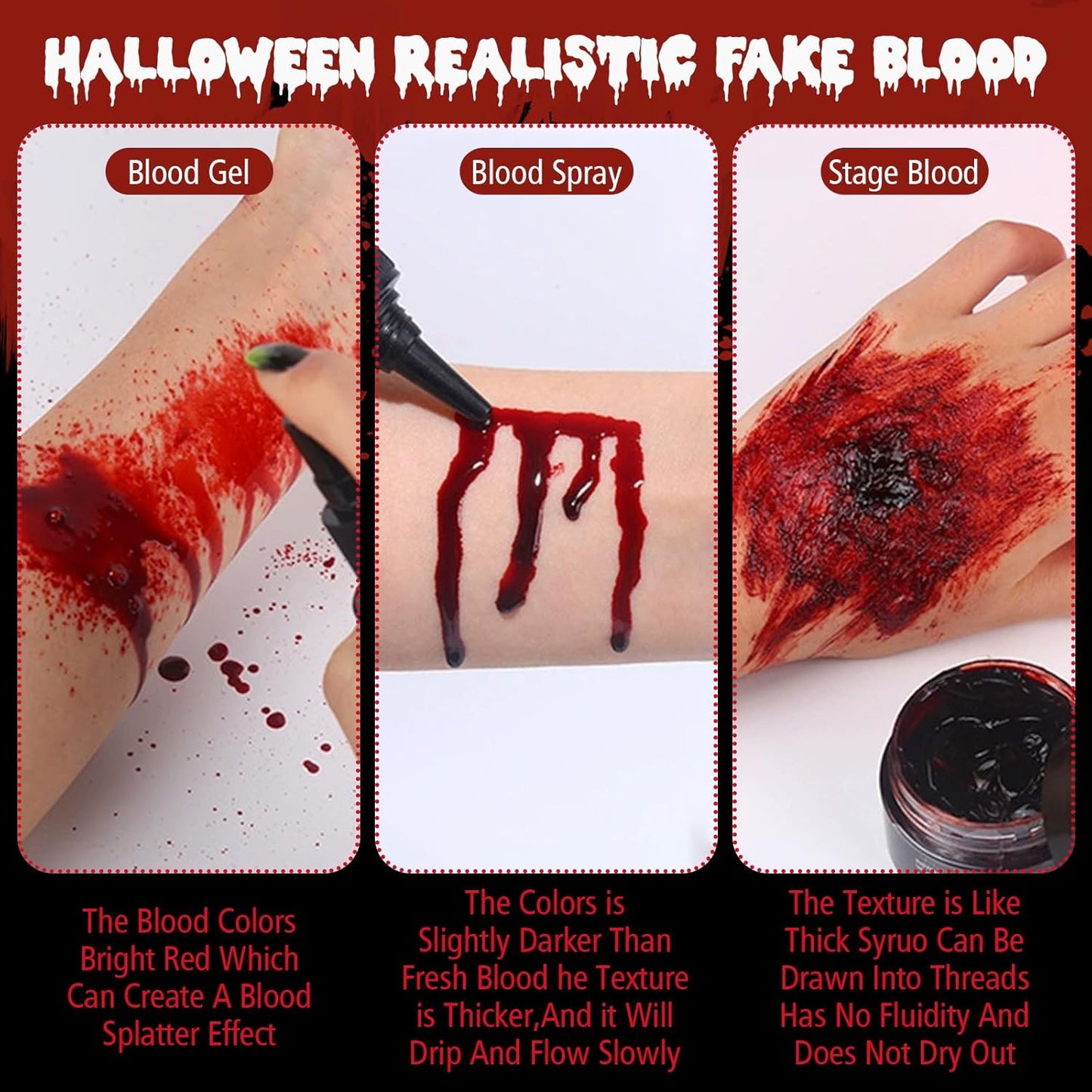 Fake Blood, Halloween Fake Blood Makeup Kit, 2.03oz Fake Blood Spray, Dripping Blood, Halloween Fake Blood Makeup, for Zombie Vampire Cosplay Monster Mouth Clothes Dress Up(3PCS)