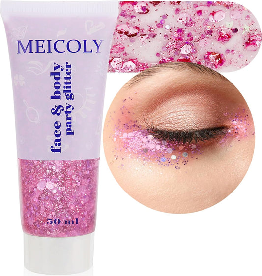 MEICOLY Pink Face Glitter,Pink Body Glitter,Sparkly Hair Glitter,Pink Accessories for Spirit Week,Singer Concerts Lover Heart Chunky Glitter Makeup,Mermaid Glitter Face Paint