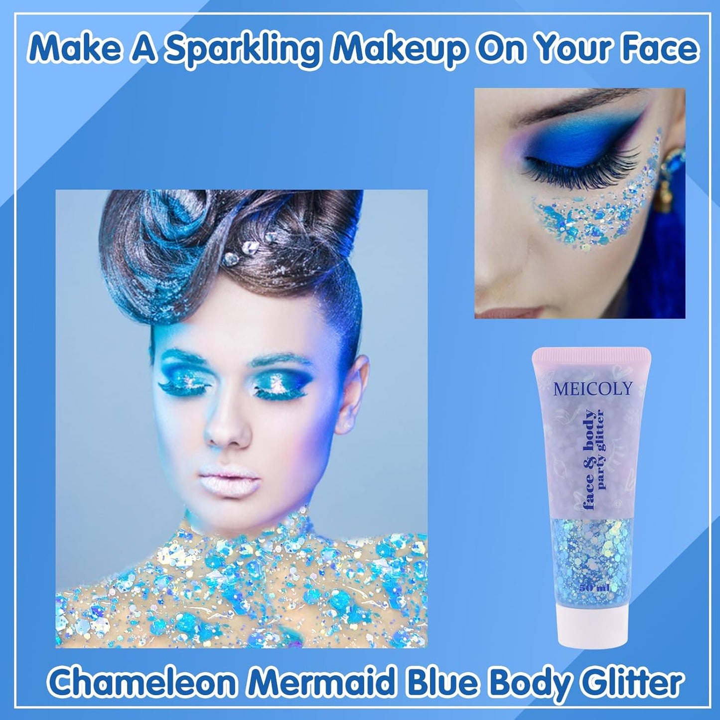 MEICOLY Chameleon Mermaid Blue Body Glitter,Chunky Face Glitter for Halloween,Color Changing Mermaid Glitter Face Paint,Glitter Sequins for Face Body Hair,Festival Party Cheer Glitter Makeup