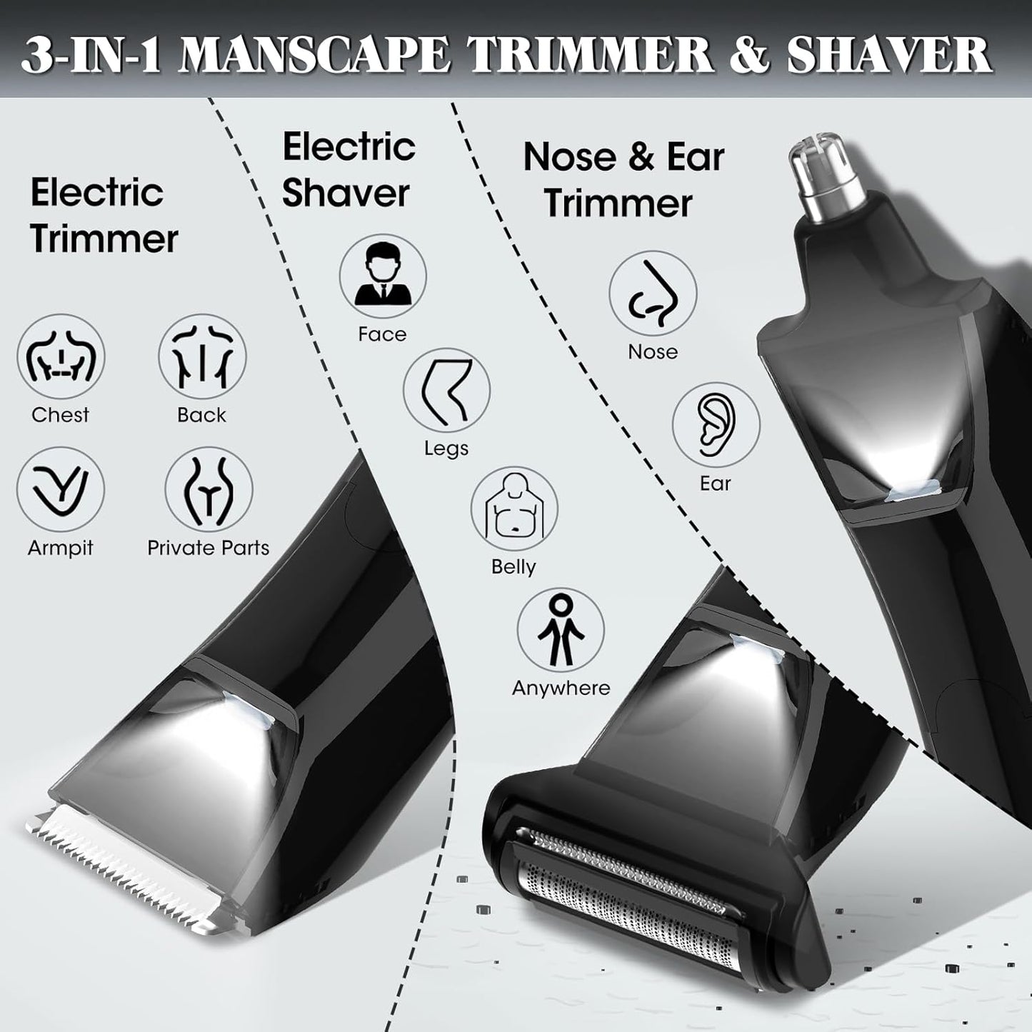 Beard Trimmer for Men Groin & Body Hair Trimmer, Nose & Ear Clipper Head Razors for Bald Men, 5 in 1 Waterproof Manscape Kit with Travel Case, LED Display, Grooming Kit Gift for Him