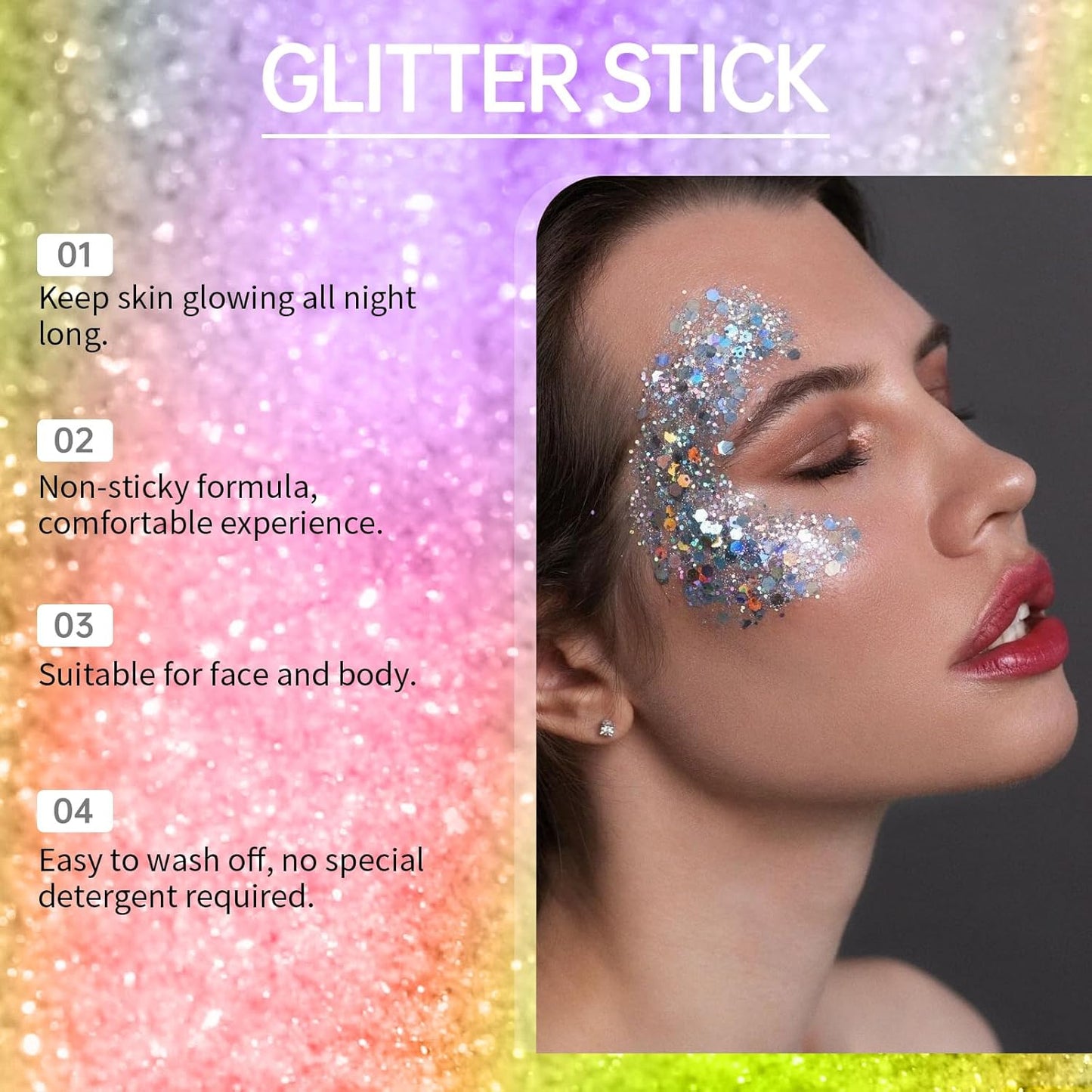 Gold Body Glitter Stick, Holographic Sequins Sparkling Neon Accessories Makeup Outfit Party Hair and Body Glitter Gel Makeup.