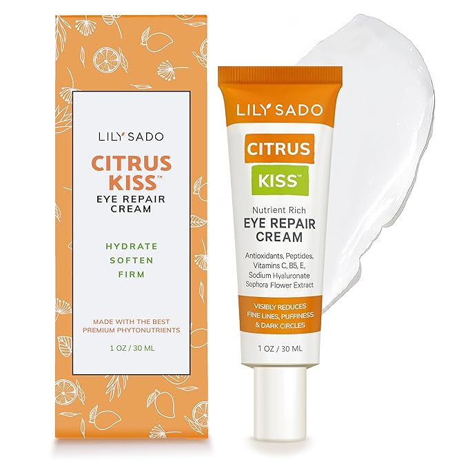 LILY SADO CITRUS KISS™ Eye Repair Cream - Antioxidant-Rich Natural Formula w/Peptides, Sodium Hyaluronate, and VITS C, B5 & E - Prevents Puffiness, Under-eye Wrinkles, Discoloration & Eye Bags - 1oz