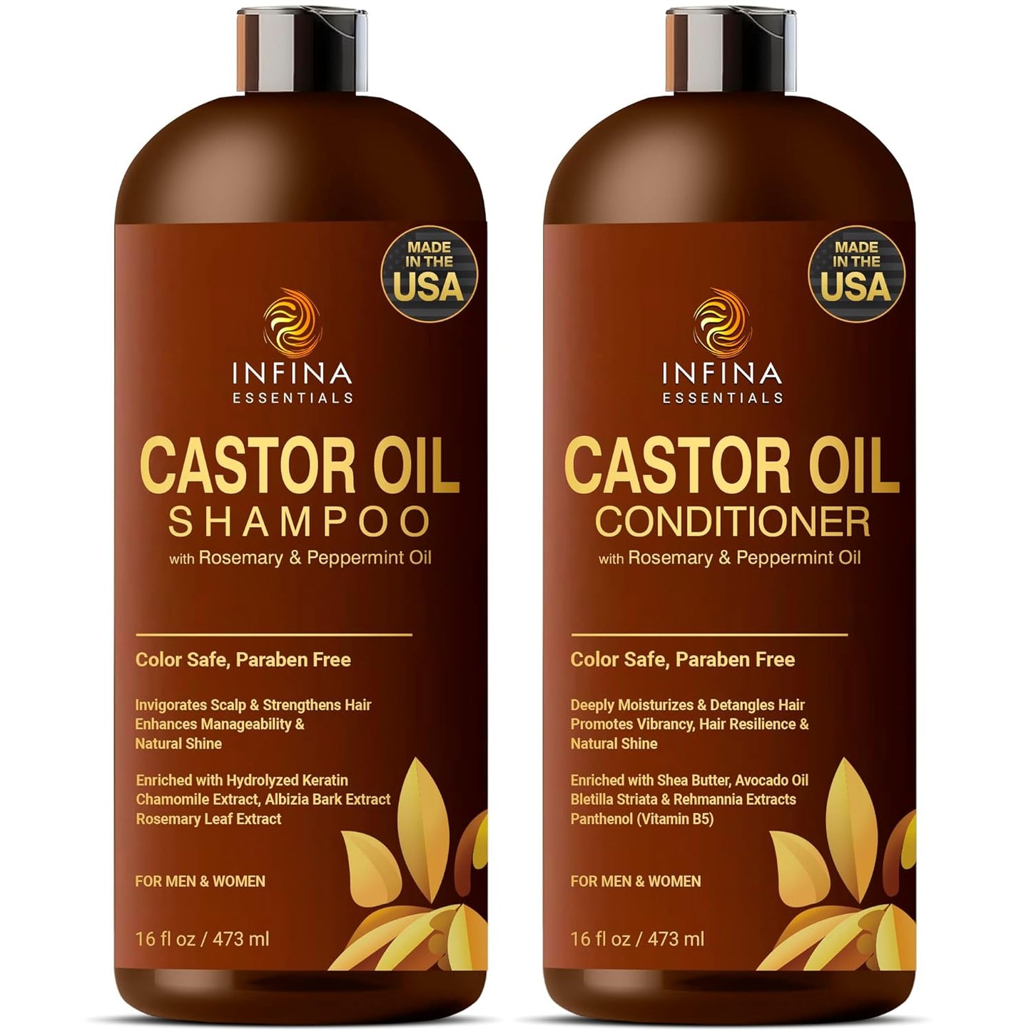 Castor Oil Shampoo and Conditioner Set for Hair Growth with Rosemary & Peppermint Oil - Cleanse Hair, Strengthen & Shine with Castor Shampoo and Conditioner - Anti-Hair Loss for Men & Women - 16 fl oz