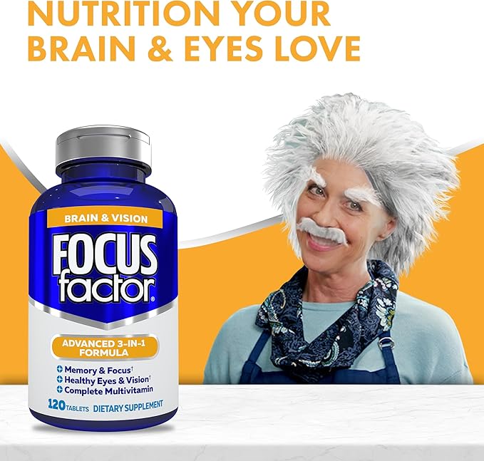 Focus Factor Adults Brain and Vision Supplement, 120 Count- Eye Vitamin, Mineral Supplement, Complete Multivitamin with Lutein & Zeaxanthin-Brain Supplement for Focus, Concentration, Memory (2 Pk)