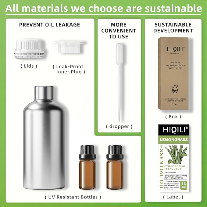 HIQILI 16 Fl Oz Lemongrass Essential Oil, 100% Pure Natural Undiluted for Diffuser, Hair