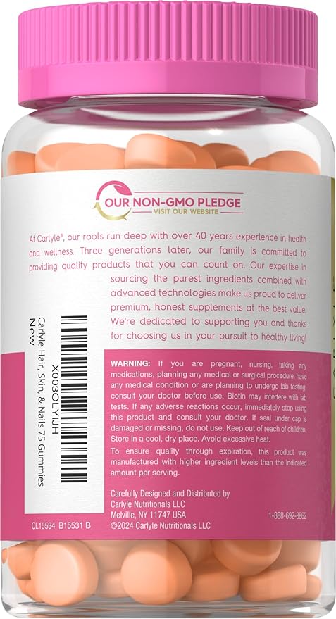 Carlyle Hair Skin and Nails Vitamins | 75 Gummies | with Biotin and Collagen | Gummy Supplement for Women | Strawberry Flavor | Non-GMO, Gluten Free