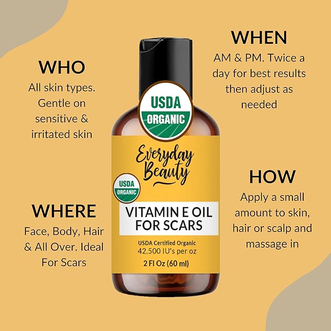 Organic Vitamin E Oil for Scars - All Natural & Vegan Skin Moisturizer 2oz - Light and Unscented Great for Scars After Surgery - Reduce Wrinkles, Anti Aging, Lighten Dark Spots - Face, Skin & All Over