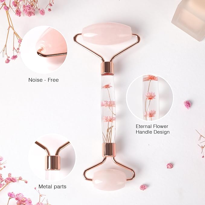 Raffaello Jade Roller - Natural Pink Facial Roller, Redness Reducing Massager for Face, Eyes, Neck - Rose Quartz