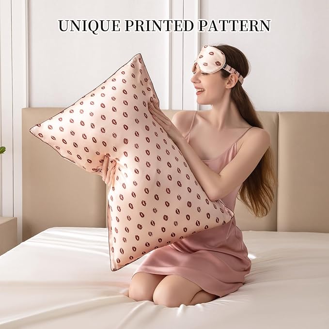 THXSILK Sleep Mask 100% 19 Momme Pure Mulberry Silk Super Smooth Cooling Decorative Sleep Eye Mask Blackout Eye Cover with Wide Head Strap, Sexy-Lip-Pink