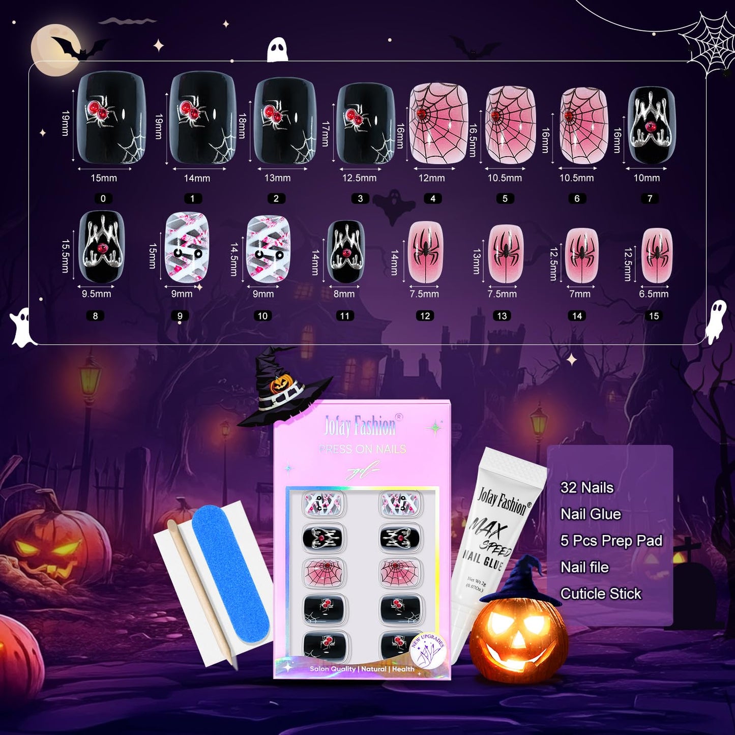 Halloween Press On Nails Short - Mummy’s Crypt, Black Pink Spider Web Nails of Halloween Nail Designs Acrylic Square Glue On Nails with Nail Glue, Stick On Nails in 16 Sizes - 32 PCS Soft Gel Kit