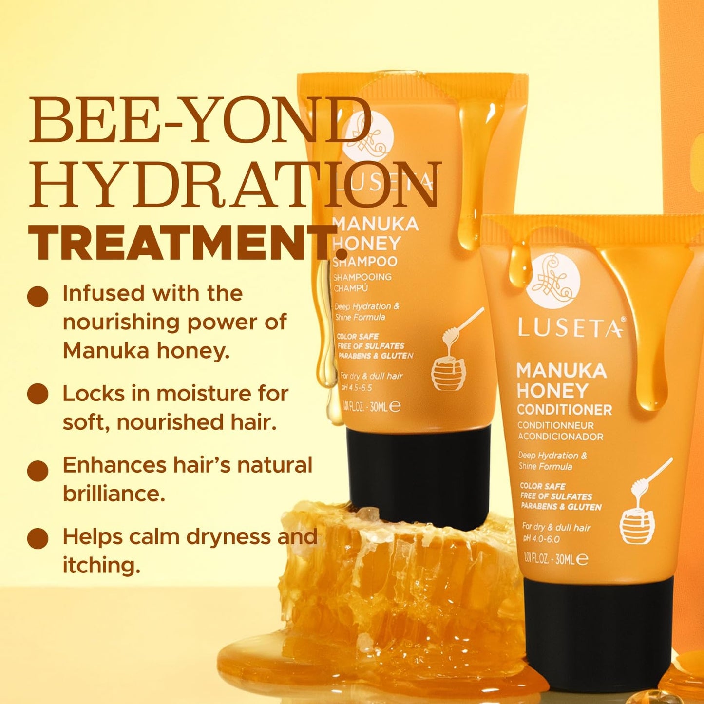 Luseta Manuka Honey Shampoo & Conditioner Set Hydrate & Repair for Dry and Dull Hair Adds Shine & Restore Softness Moisturizing for Damaged Hair 1.01oz*2