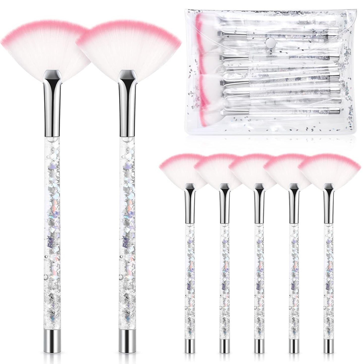 Nuenen 12 Pcs Soft Fan Facial Brushes Mask Acid Applicator Brush for Mud Cream Blush Makeup Peel Glycolic Multi Use Cosmetic Tools with Glitter Quicksand Handle and Pouch(Silver)