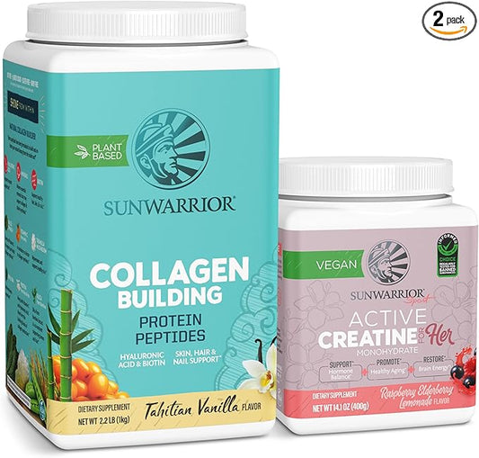 Sunwarrior Vegan Collagen Building Powder Vanilla Flavored 40 Servings & Creatine Monohydrate Powder for Women Berry Lemonade Flavored 50 Servings