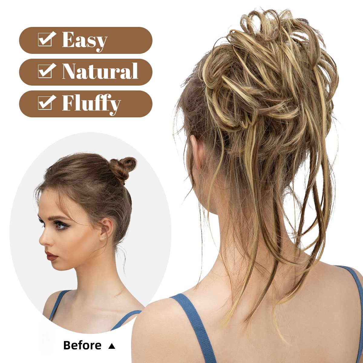 CJL HAIR Messy Bun Hair Piece Curly Hair Bun Extensions with Straight Tails Synthetic Hair Scrunchies Ponytail Hairpieces for Women Brunette/Butter Blonde