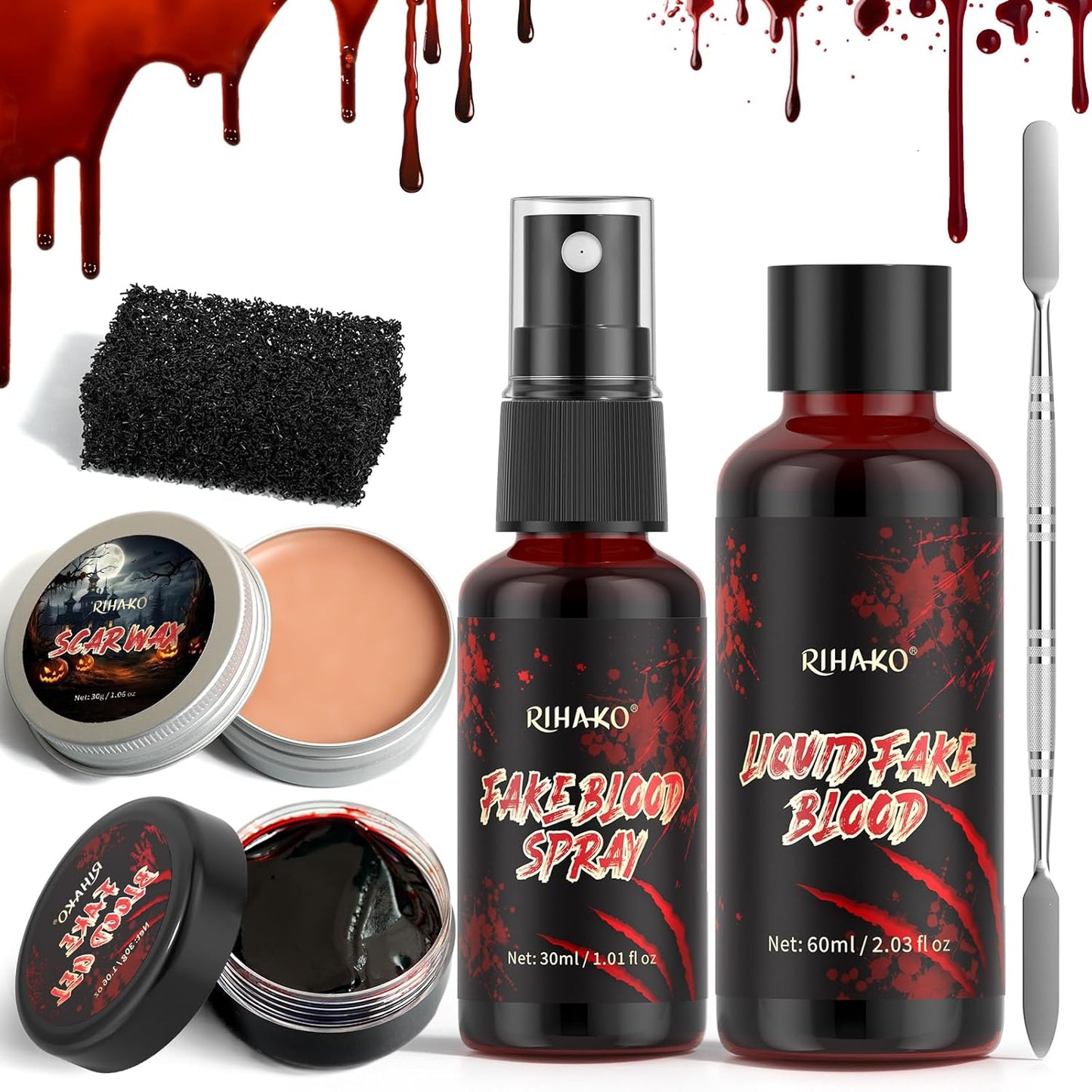 Halloween Fake Blood SFX Makeup Kit – Fake Blood, Scar Wax with Spatula, Blood Spray, Fake Blood Cream & Stipple Sponge – Realistic Wound Modeling & SFX Makeup for Zombie, Vampire & Undead Costumes