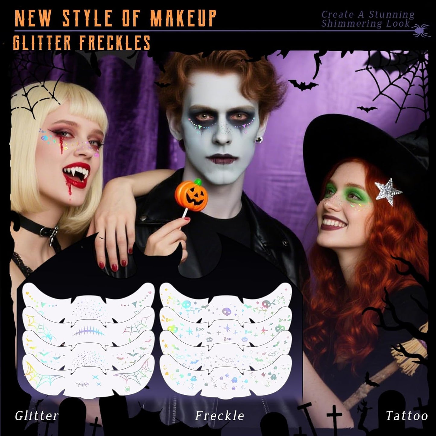 8pcs Holographic Silver Halloween Glitter Freckles Face Tattoo, Waterproof Long Lasting Multicolor Speckles Patches for Women Kids, Cute Temporary Tattoo Makeup Accessories for Festival Rave