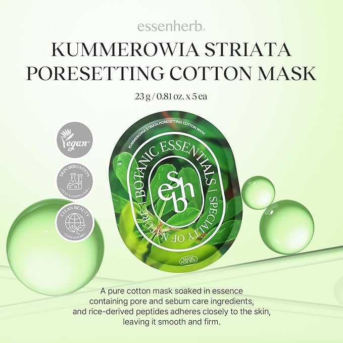 Kummerowia Striata Poresetting Cotton Mask, Pore & Sebum, Vegan, Korean Skin Care Face Mask 23g*5 sheets