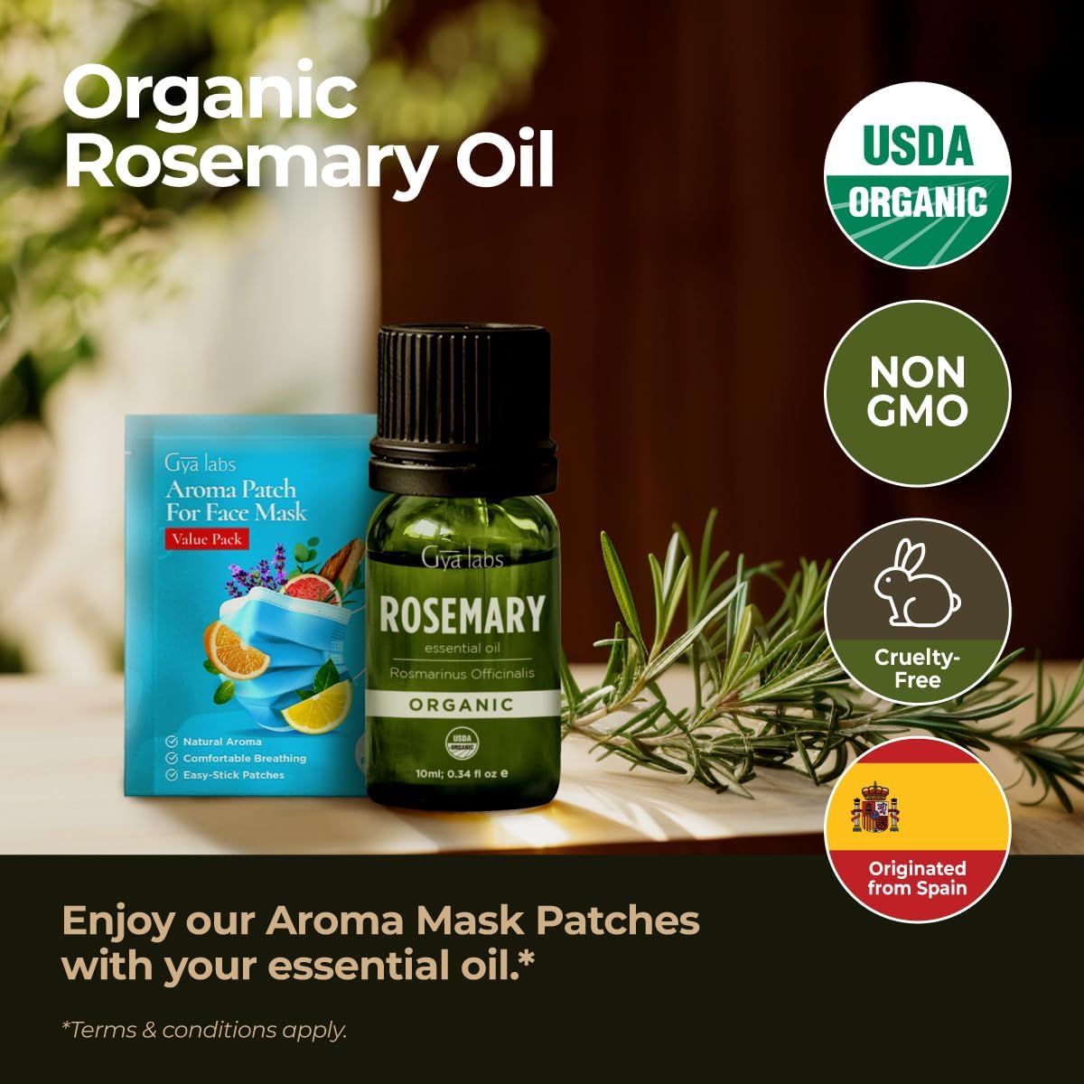 Gya Labs Organic Rosemary Essential Oil - 0.34 Fl Oz - for Skin, Hair, Diffuser, Aromatherapy, DIY Candle Making Scents