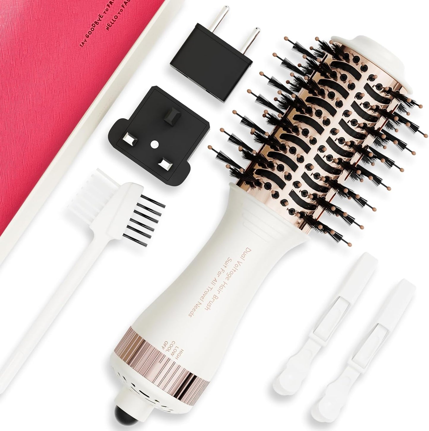 4-in-1 Travel Dual Voltage Hair Dryer Brush Blow Dryer Brush,Portable 2 inch Mini Hot Air Brush,Travel Hair Styler/Volumizer/Straightener/Curler,110-240V European Blow Dry Brush with EU&UK Plug