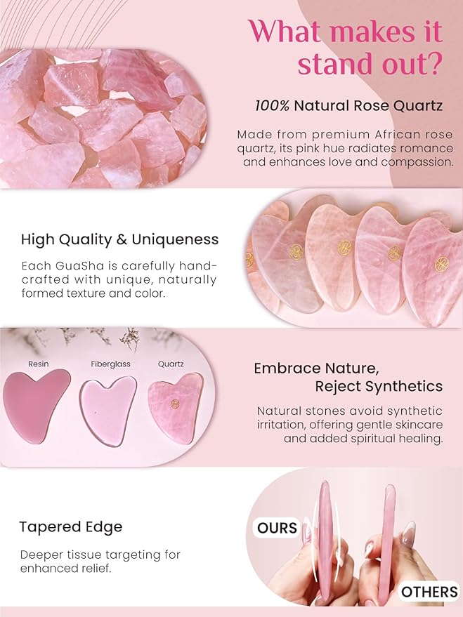 Rena Chris Gua Sha Facial Tools-Ergonomic Rose Quartz Gua Sha for Face Massage, Jawline Sculpting & Puffiness Reduction with Silicone Case (Pink)